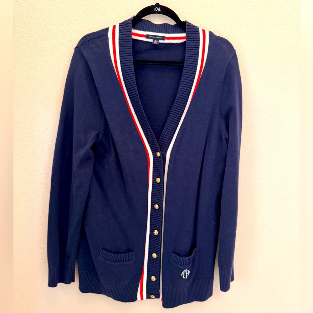Tommy Hilfiger Blue Cardigan with Red and White Trim